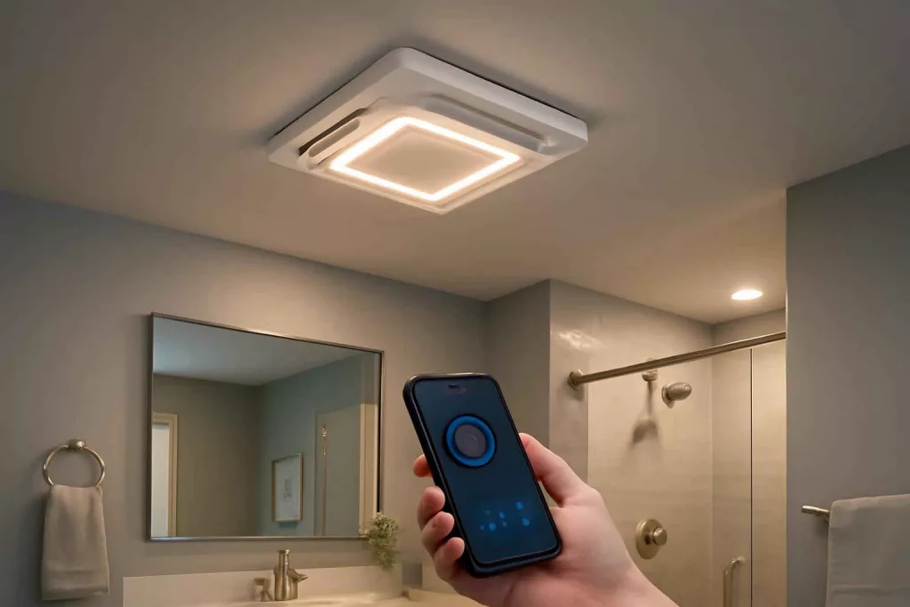 Modern smart bathroom exhaust fan with LED lights and smartphone app interface