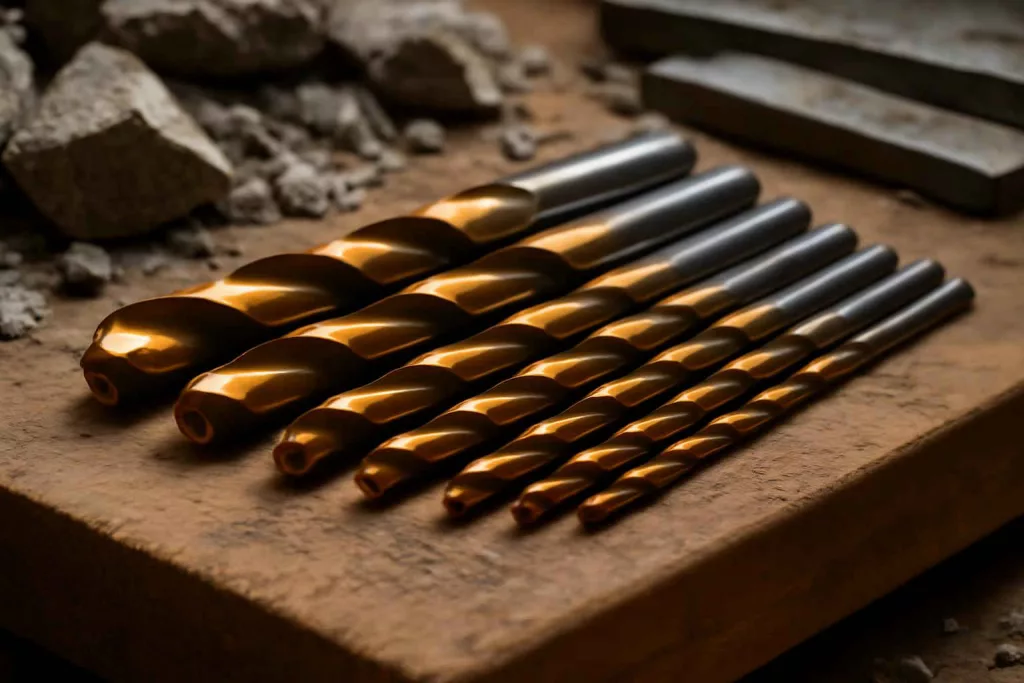 Titanium-coated drill bit set on workbench with concrete and metal background