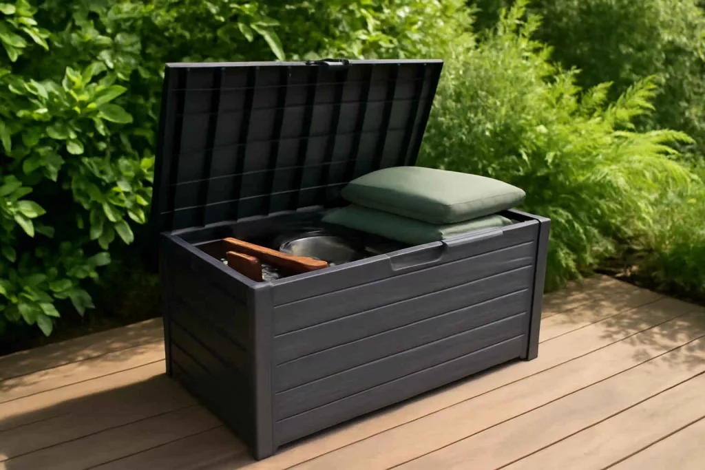 Weatherproof garden storage box on a patio surrounded by garden tools and cushions