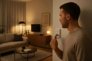 Person interacting with a budget-friendly smart light switch in a modern apartment living room