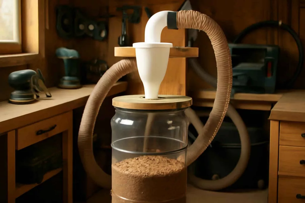 DIY cyclone dust collector installed in a home workshop