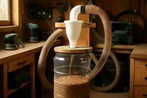 DIY cyclone dust collector installed in a home workshop