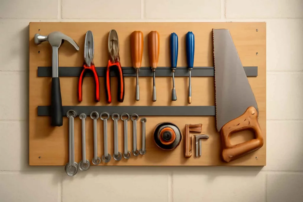 DIY magnetic tool holder mounted on workshop wall showing organized tools