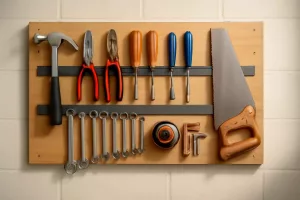 DIY magnetic tool holder mounted on workshop wall showing organized tools