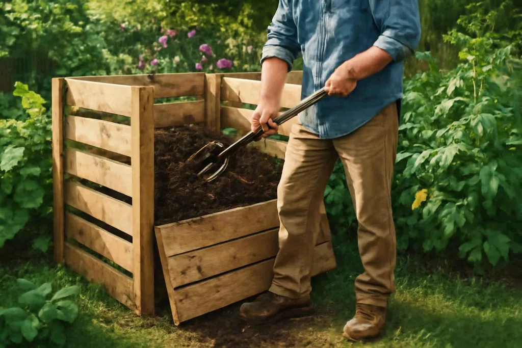Wooden pallet compost bin in a backyard garden with a person turning compost