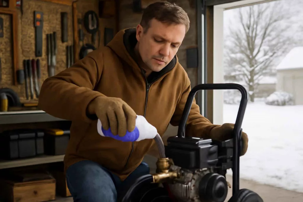 Homeowner winterizing a gas pressure washer in a garage