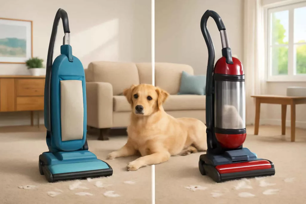 Split view of bagged and bagless upright vacuum cleaners cleaning pet hair in a living room