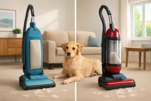 Split view of bagged and bagless upright vacuum cleaners cleaning pet hair in a living room