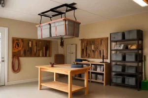 Garage workshop with ceiling-mounted storage hoist lifting storage bins