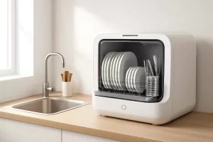 Compact countertop dishwasher in a modern small kitchen.