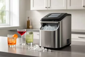 A sleek compact countertop ice maker on a home bar with ice cubes and cocktails