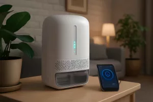 Compact dehumidifier in a small basement room removing moisture