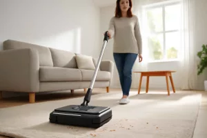 Modern cordless carpet sweeper on hardwood floor cleaning scattered crumbs.