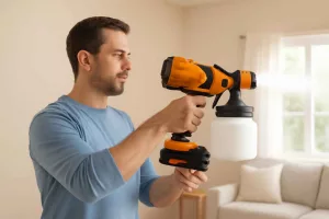 Cordless electric paint sprayer being used to paint a wall