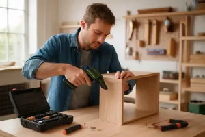 Person using a cordless electric screwdriver to assemble wooden furniture