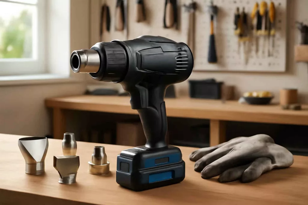 Cordless heat gun on a workbench surrounded by DIY tools