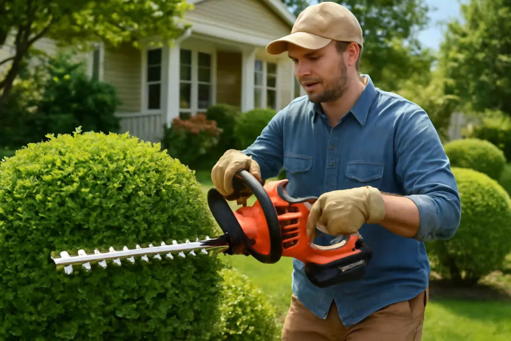 Cordless hedge trimmer being used to trim shrubs in a garden