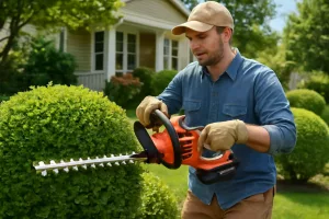 Cordless hedge trimmer being used to trim shrubs in a garden