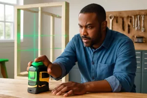 Cordless laser level tool emitting green laser lines on a home workshop wooden frame