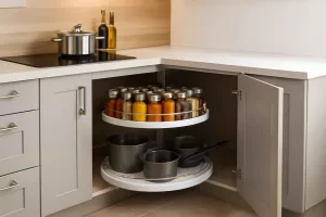 Two-tier rotating lazy susan corner cabinet organizer filled with spice jars