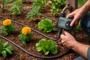 Suburban home garden with installed drip irrigation system and timer