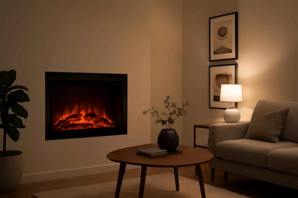 Compact electric fireplace insert in a small modern living room