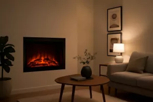 Compact electric fireplace insert in a small modern living room