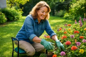 Gardener using a kneeler and seat combo in a backyard garden