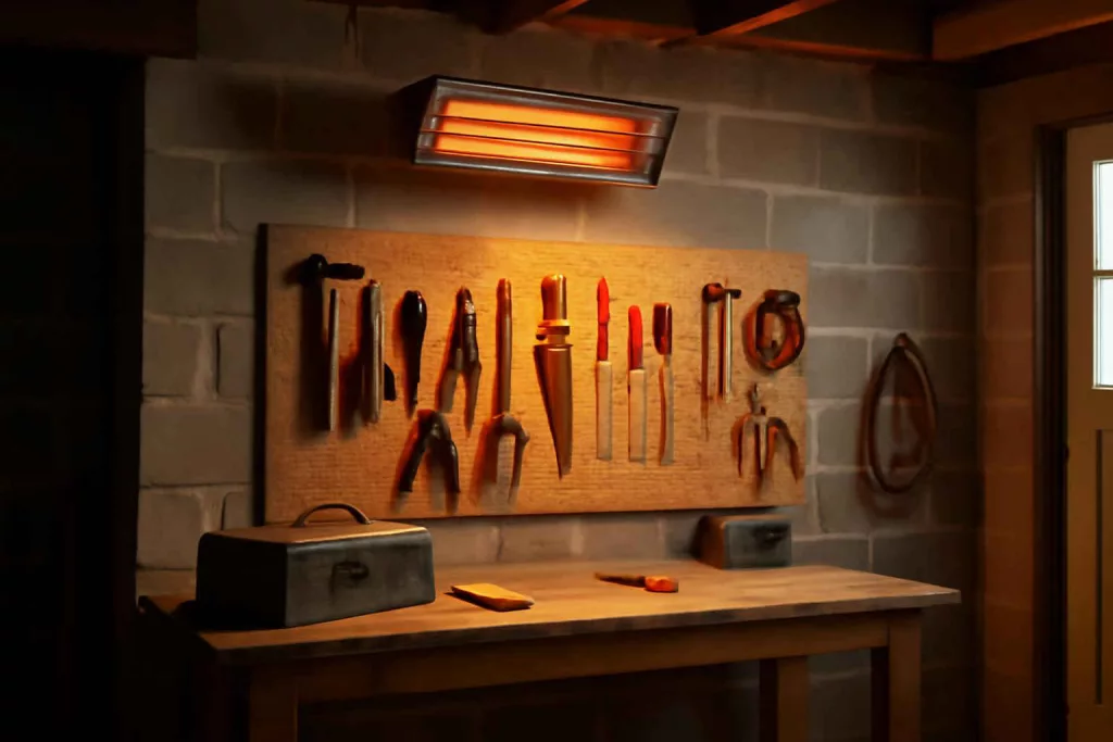 Mounted infrared garage heater glowing over tools in a workshop