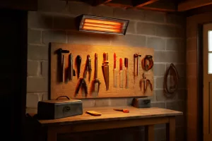 Mounted infrared garage heater glowing over tools in a workshop