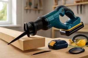 Lightweight cordless reciprocating saw cutting wood in a home workshop