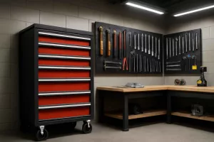 Lockable rolling tool chest in a well-organized garage workshop