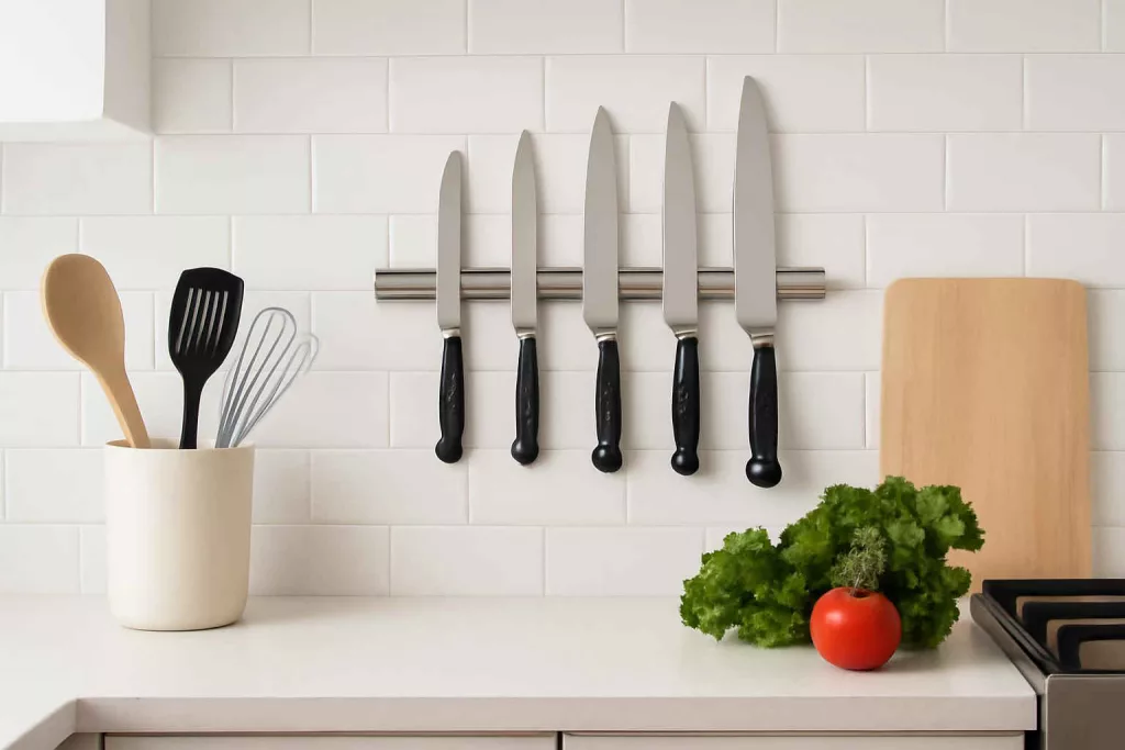 Stainless steel magnetic knife strip mounted on kitchen backsplash holding knives