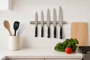 Stainless steel magnetic knife strip mounted on kitchen backsplash holding knives
