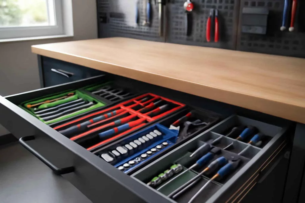 Open workbench drawer with modular inserts organizing tools in a workshop.