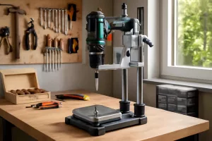 Person using a portable drill press stand with a cordless drill in a home workshop