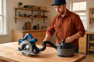 Compact portable dust extractor in a home workshop capturing sawdust near a cordless saw