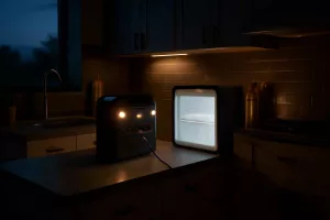 Portable power station providing backup electricity in a modern home kitchen during an outage