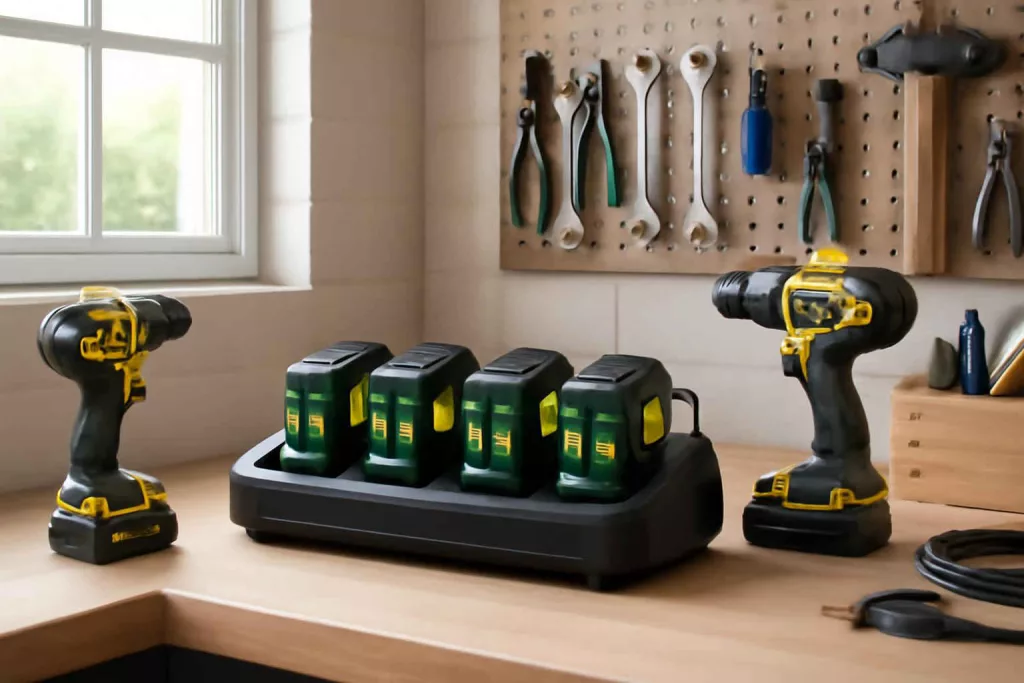 Portable power tool battery charging station with multiple batteries charging on a workshop bench