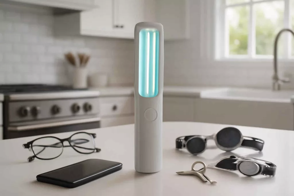 Portable UV-C light sanitizer on a countertop with electronics ready for disinfection