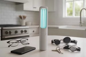 Portable UV-C light sanitizer on a countertop with electronics ready for disinfection