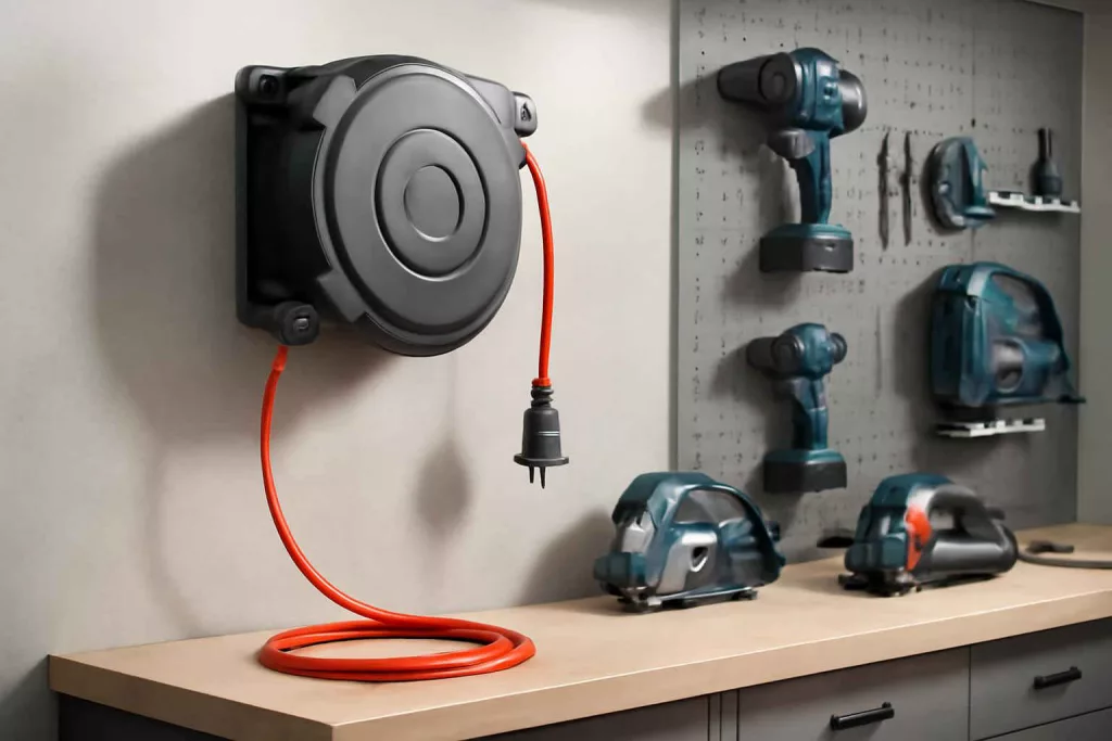 Heavy-duty retractable extension cord reel mounted on workshop wall