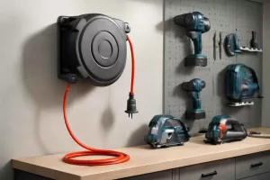 Heavy-duty retractable extension cord reel mounted on workshop wall