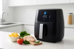 Modern smart air fryer with touchscreen interface on a kitchen countertop