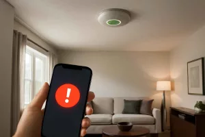 Smart smoke and carbon monoxide detector mounted on a ceiling with smartphone alert