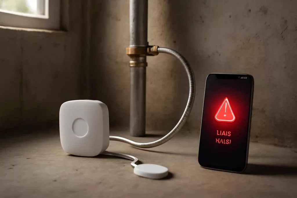 Smart water leak detector next to a pipe with smartphone alerting water leakage