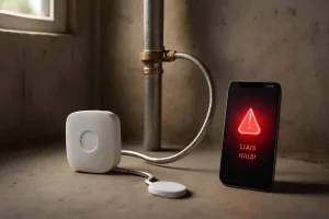 Smart water leak detector next to a pipe with smartphone alerting water leakage