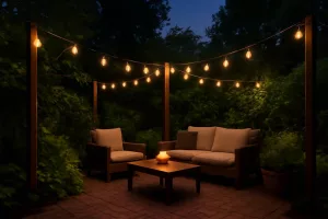 Cozy backyard patio lit by solar-powered string lights at dusk