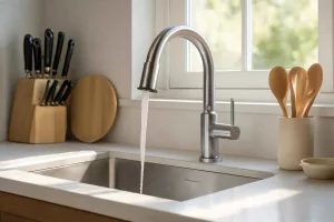 Stainless steel touchless kitchen faucet in a modern kitchen setting