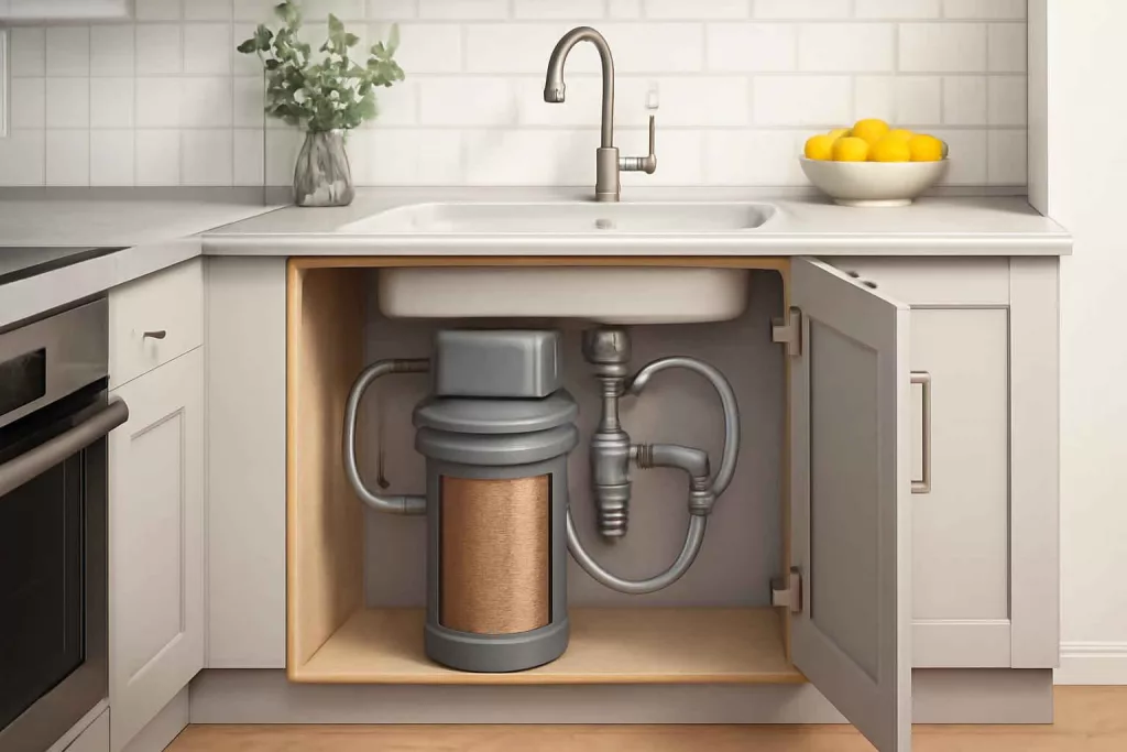 Under-sink water softener system installed inside a modern kitchen cabinet
